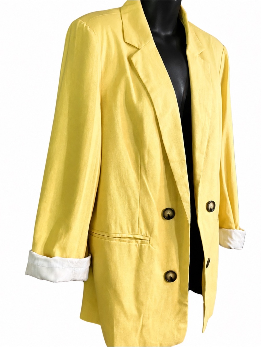 Tahari mustard yellow linen-blend double-breasted blazer large - Picture 3 of 8